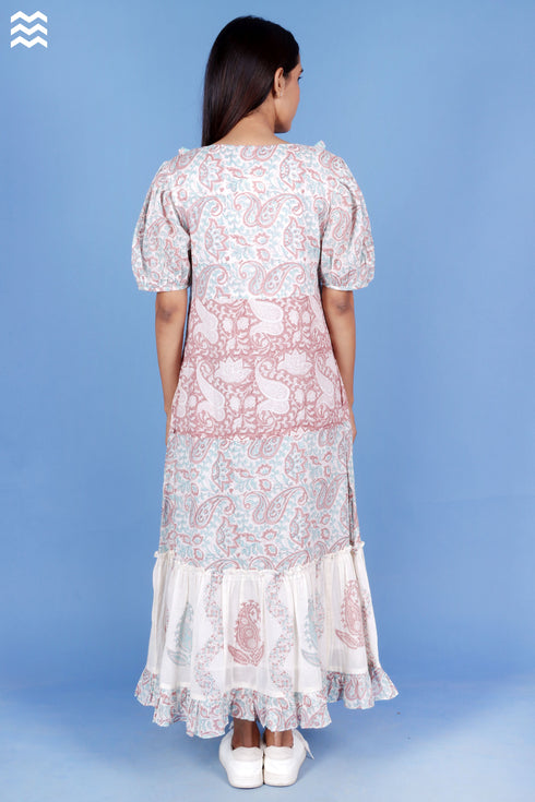 Mulmul Cotton Prairie Dress In Blue Floral Block Print